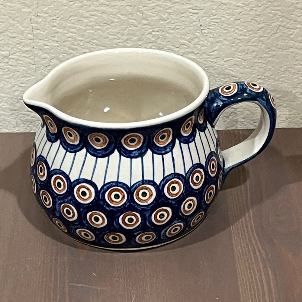 Williams Sonoma Polish Pottery Pitcher Jug Boleslawiec Ceramic Folk Art Peacock
